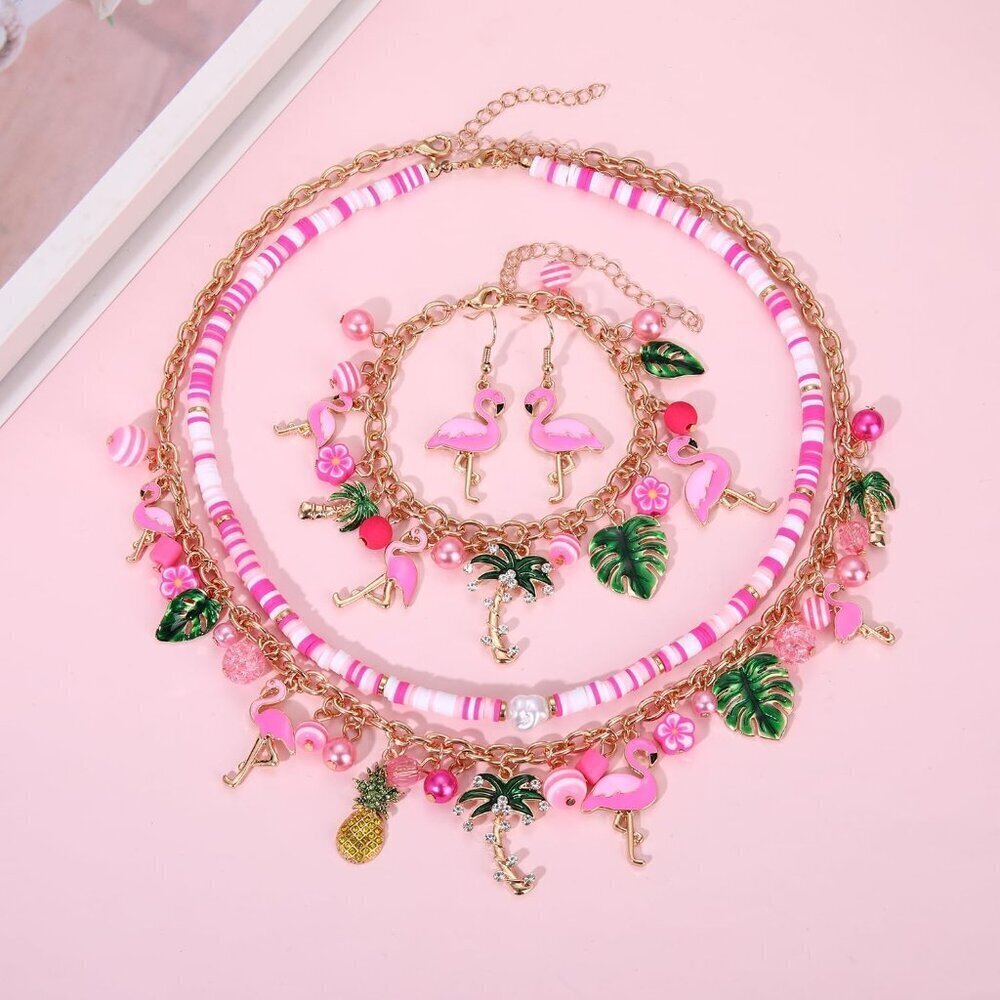 Flamingo Jewelry Set for Women Summer Beach Necklace Bracelet Earrings Gifts - Picture 4 of 7